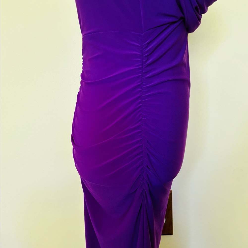 Tiana B. Size S Stretchy Purple Sleeveless Midi Cowl Neck Dress w Ruching - Picture 5 of 9
